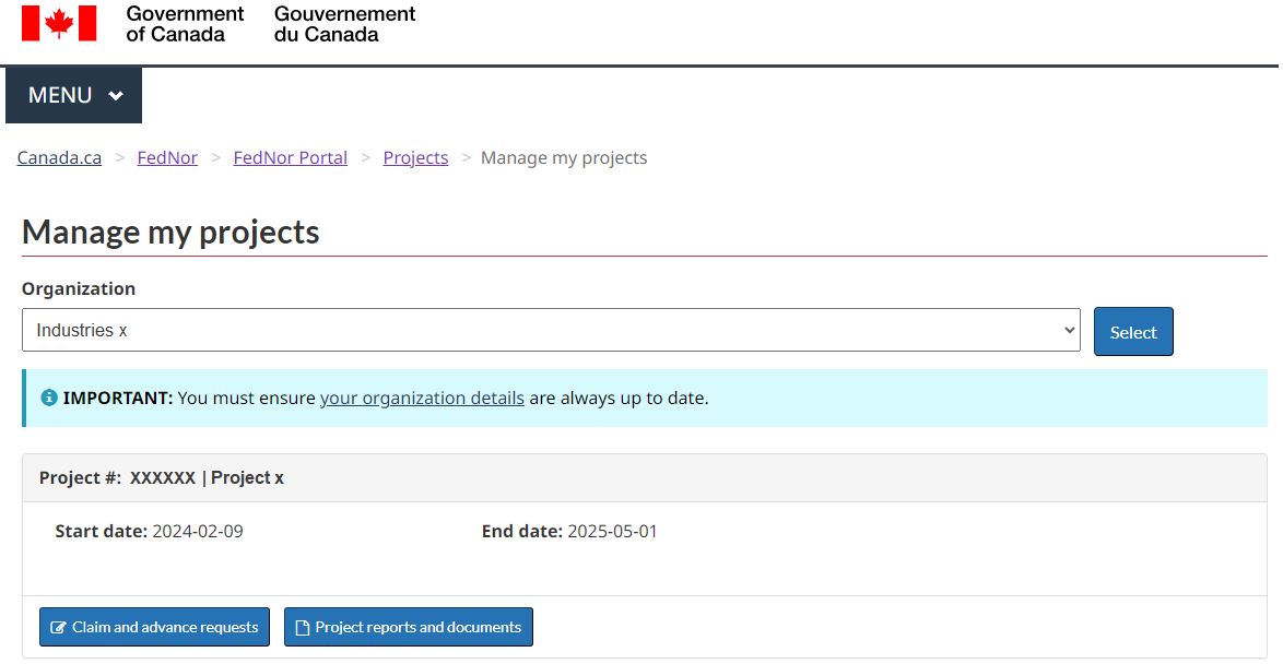 Active project provided for a sample organization on the FedNor Portal.
