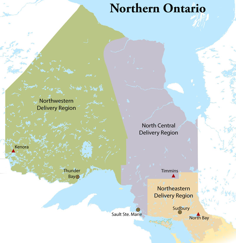 Map of Northern Ontario and the regions of Northwestern Delivery Region, North Central Delivery Region and Northeastern Delivery Region 
