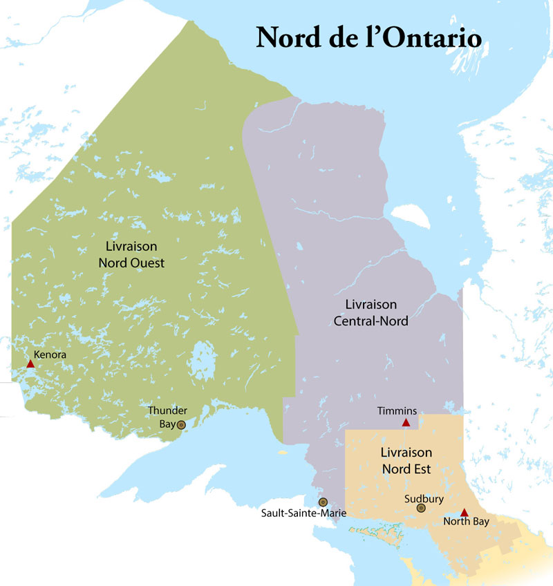 Map of Northern Ontario and the regions of Northwestern Delivery Region, North Central Delivery Region and Northeastern Delivery Region 