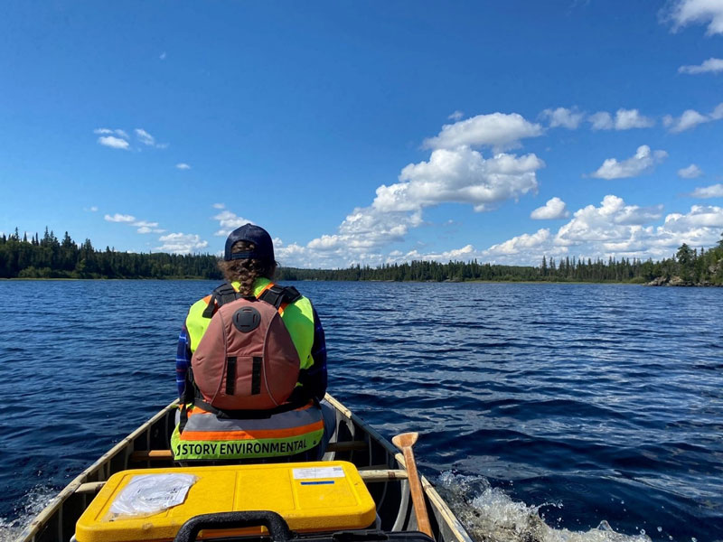 A person sits in a canoe looking towards the horizon. There is a forest in the background.
