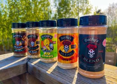 Bucky’s BBQ Blend spices on display.